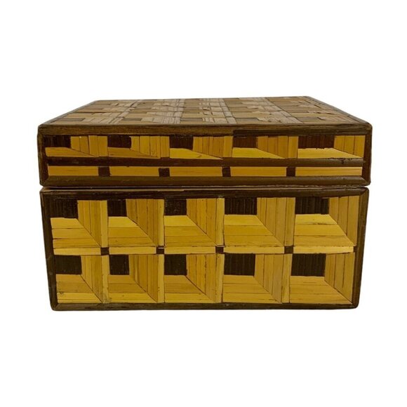 Handmade Straw Trinket Box Square Geometric Decorative Stash Organization - Picture 3 of 10